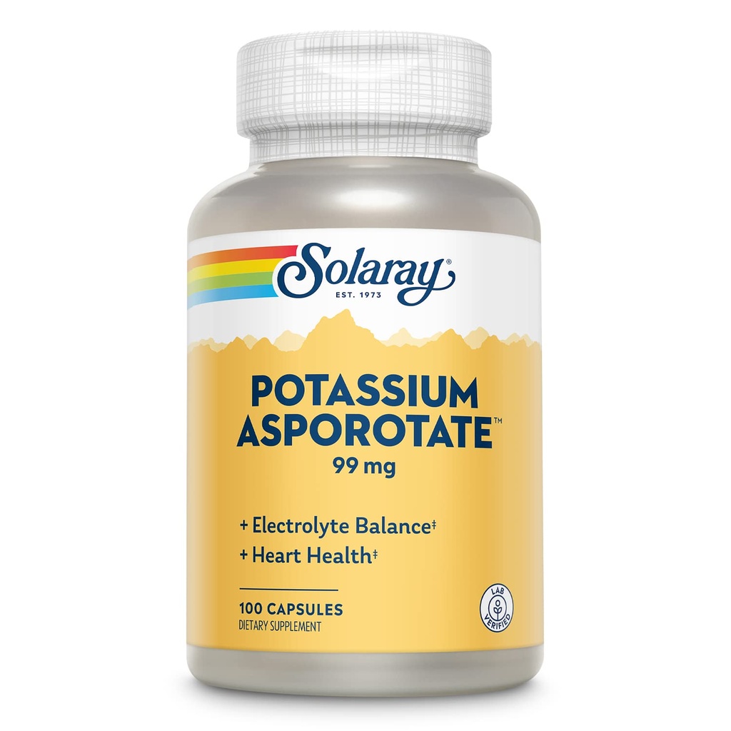 Solaray kalium Asporotate Chelated Supplement, Electrolyte Balance & Heart Health Support, 100 Servings, 100 Kapsle