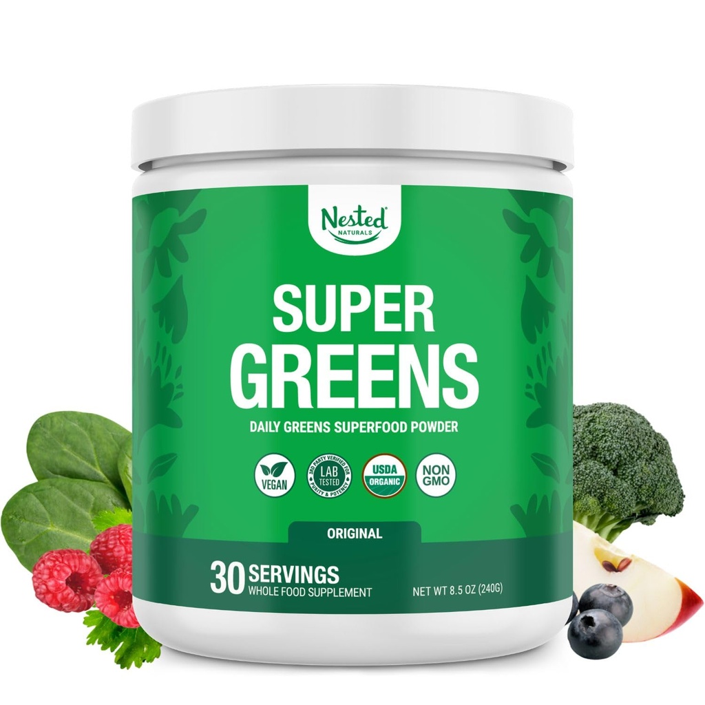 Nested Naturals Super Green Daily Superfood Powder - Certified USDA Organic Green Powder w / 20 + Whole Foods, Spirulina Powder, Wheat & Barley Grass - Probiotics, Fiber & Enzymes - Original Flavour, 30