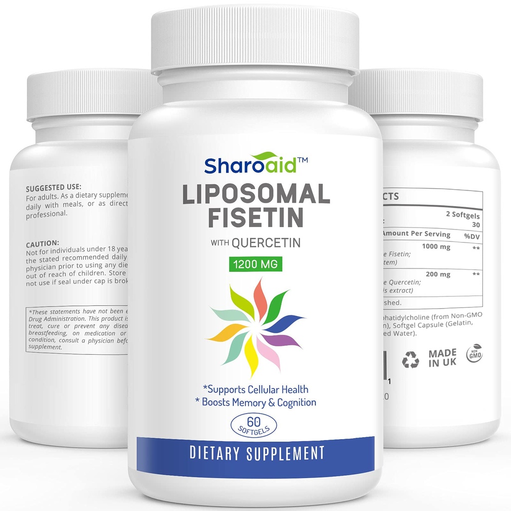 Lipozomální fisetin s doplňkem Quercetin 1200 mg na porci, High Absorption Polyfenols Antioxidants for Women, Men, Non- GMO, Gluten- Free, 1 Bottle- 60 Softgels