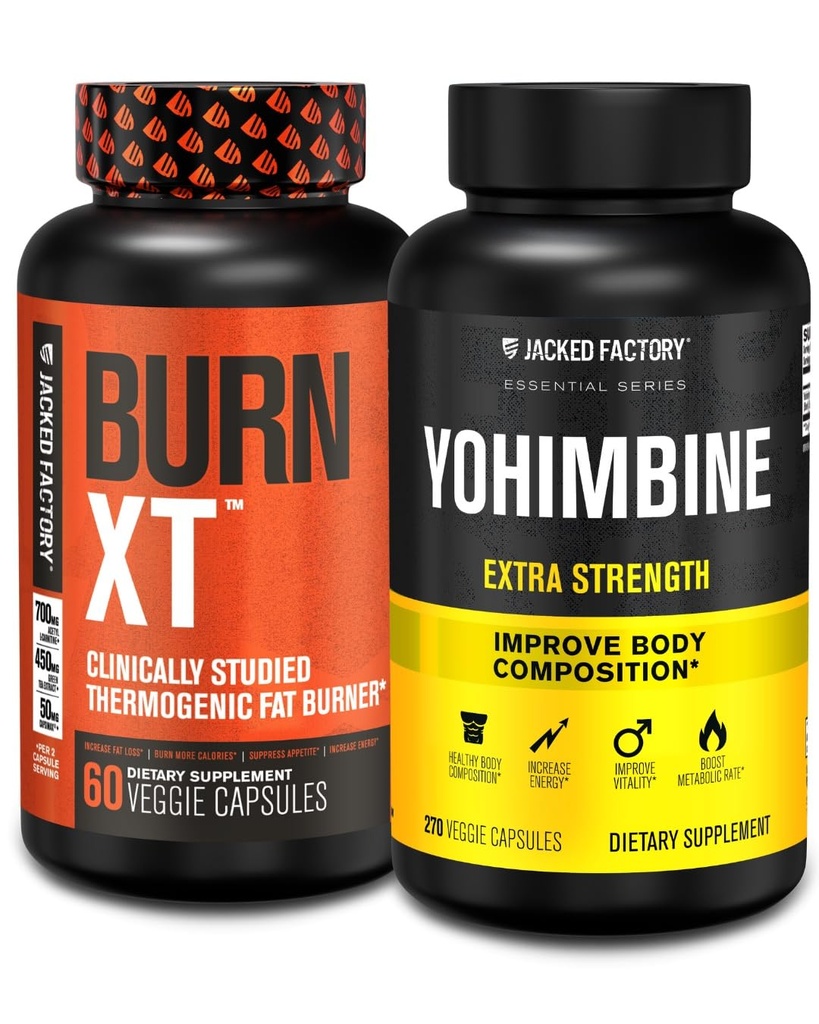Jacked Factory spalovač tuků s Yohimbin - termogenní doplňky pro muže a ženy - Burn-XT termogenní spalovač tuků & Yohimbin Extra doplněk síly 2.5mg, 270 Kapsle