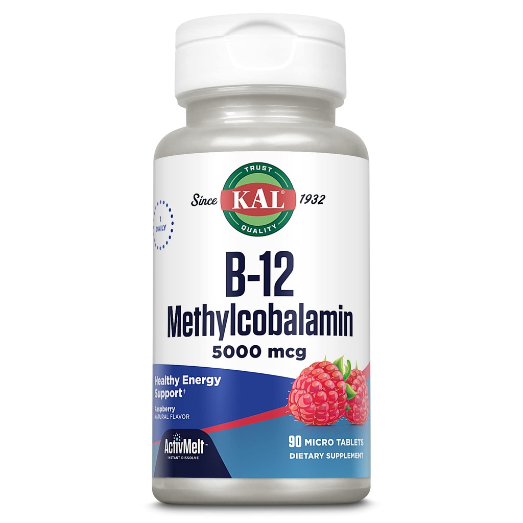 KAL Vitamin B12 Methylkobalamin 5000mcg, Zdravá energie, Metabolismus, Nerve a Red Blood Cell Support, * Rychlé rozpuštění aktivátů, Optimální absorpce, přírodní Malina Flavor, 90 Služení, 90 Micro Tabs