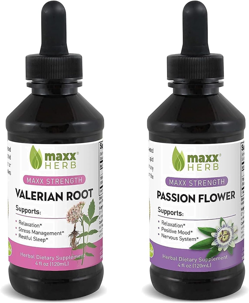 Better Sleep Bundle - Maxx Herb Passion Flower Extract + Valerian Root Extract - pro relaxační a stresový management, Alcohol- Free - (1 každý) 4 Oz láhev (60 Služeb)