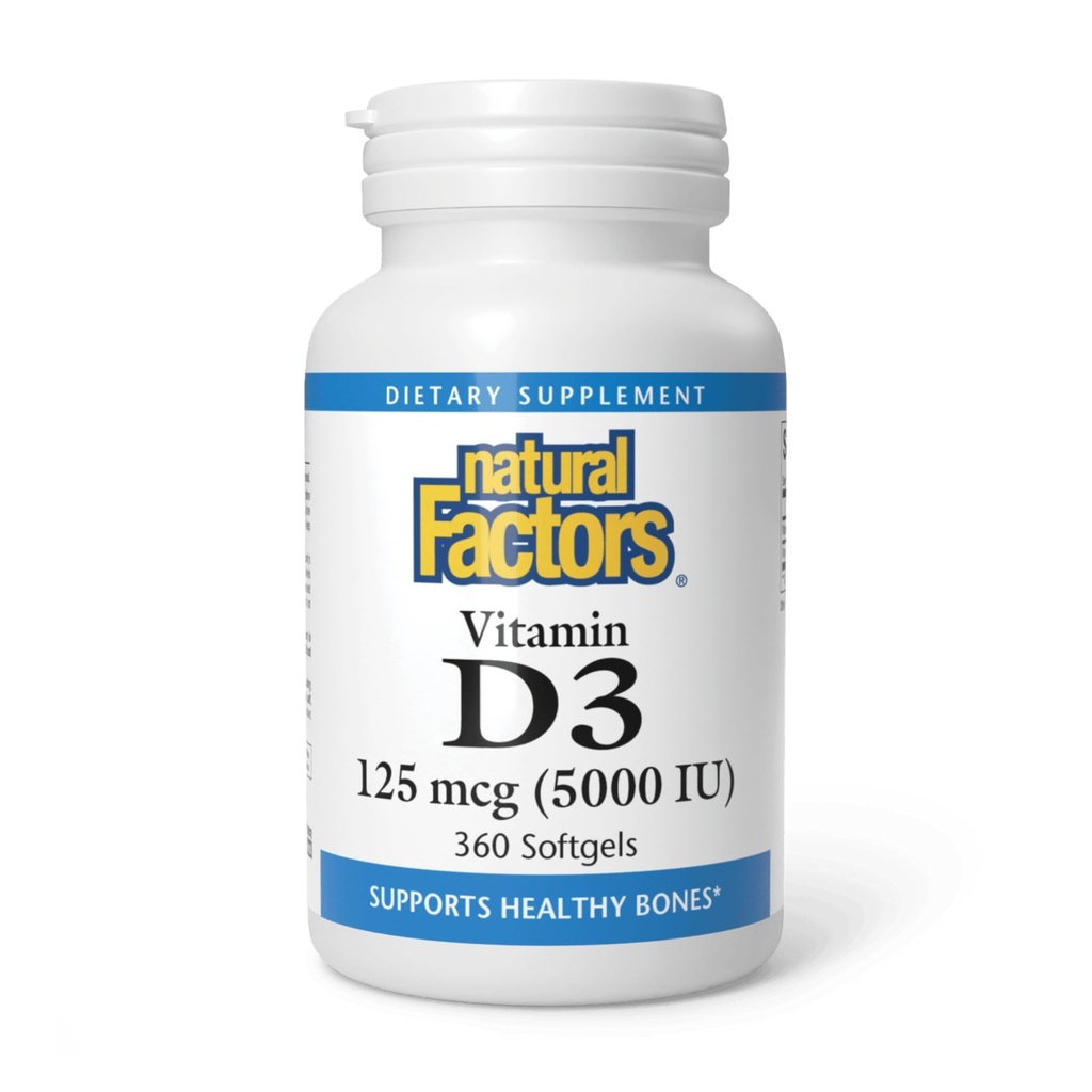 Přírodní faktory, Vitamin D3 5000 IU (125 mcg), Podporuje silné kosti, svaly a imunitní funkce, 360 Softgels
