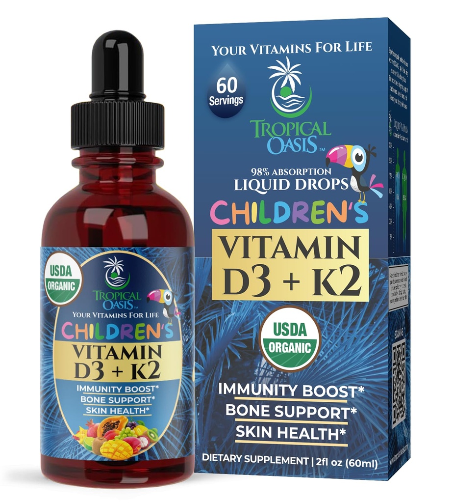 USDA organické vitamíny D3 K2 kapalné kapky 124; vitamín D3 K2 doplněk pro děti a batolata ve věku 1 + 124; Dětský dodatek pro absorpci vápníku Silné kosti 124; Vegan, Non- GMO 124; 2 Fl Oz