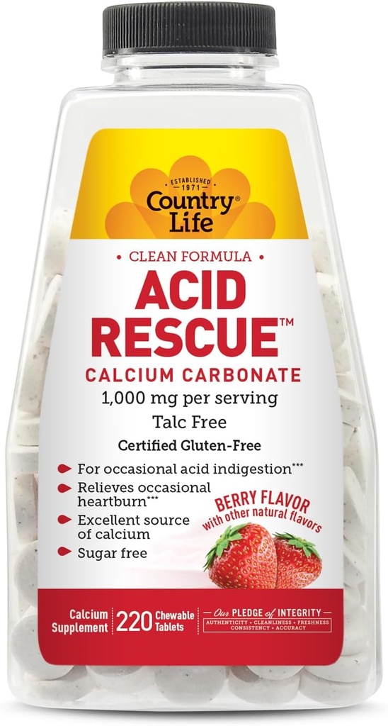 Country Acid Rescue Chewable Tablety - Certified Vegan & gluten- Free Heartburn Relief, 400mg vápníku a hořčíku, Non- GMO, Sugar- Free Mint Flavor, Podporuje zdraví kostí, 220 Počet