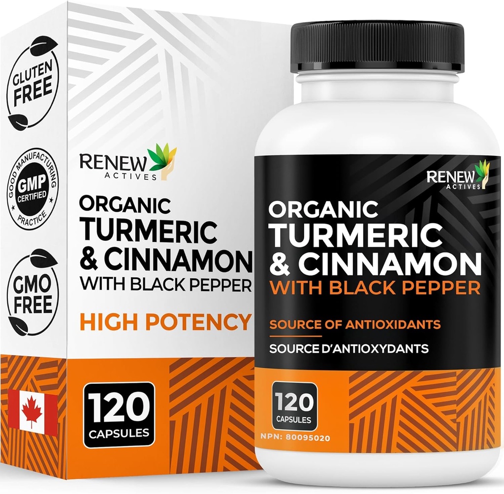 Reew Actives Organic Turmeric 474MG & Cinnamon 50MG per 2 Capsules - with Curcumin & BioPerine for Absorption - Podporuje metabolismus, společné zdraví a stravení - Made in Canada - 120 Capsules