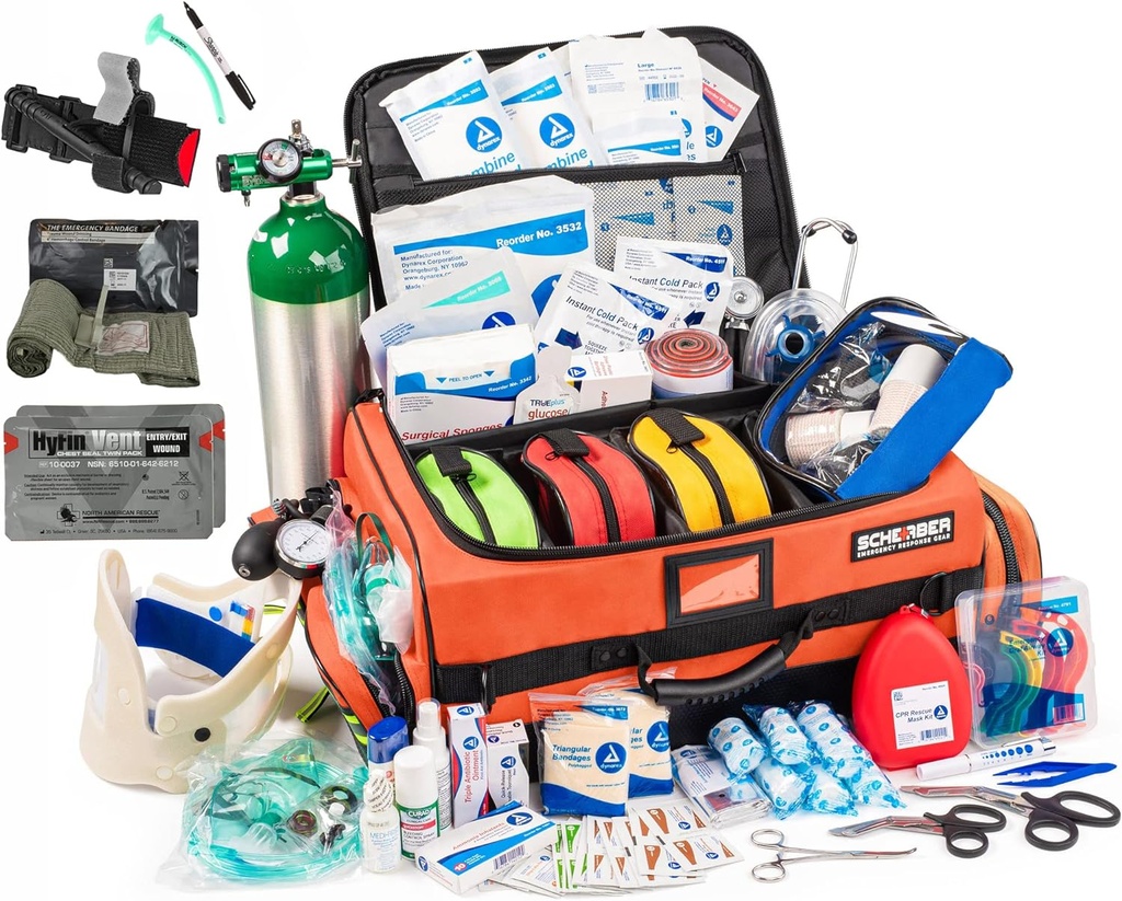 Scherber Fully-Stocked Premium First Responder Bag CLAS124; HSA / FSA Schváleno 124; Large Pro EMT / EMS Trauma, Krvácení a Oxygen Medical Kit CLAS124; CAT Tourniquet, HyFin Chest Seal & 260 + First Aid Supplies (Orange)