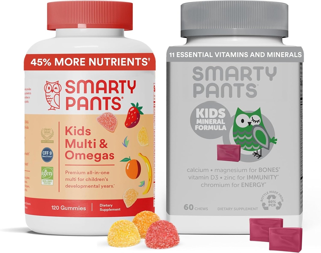 SmartyPants Kids Multivitamine Gummies & Kids Mineral Chews: Multivitamin s Omega 3 Fish Oil (EPA / DHA) a Multimineral s magnesium Citrát & vápník, 30 denní dodávka každý