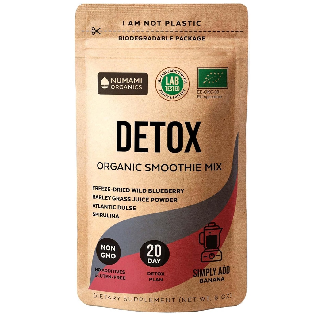 Numami Organic Detox Blueberry Smoothie Powder with Health Spirulina, Atlantic Dulse and Barley Grass Juice Powder, Premium Quality superfood from Europe