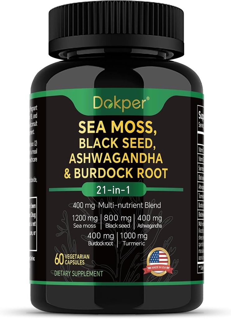Mořský Moss, Ashwagandha, Černý olej dodatek, Vitamin C & D3 s kurkumou, Bladderwrack & Burdock Kořen, Přírodní Bylinné podpory pro muže a ženy 60 Kapsle, Dietní doplňky, Balení 1