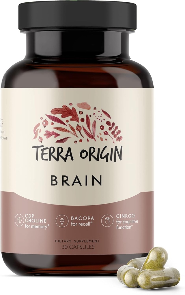 Terra Původ, Zdravý doplněk mozku, Kapsle, 30 Služební, s CDP Cholin, Ginkgo Biloba Extract, a Bacopa - pro zdravou mysl, zlepšuje paměť, paměť a funkce
