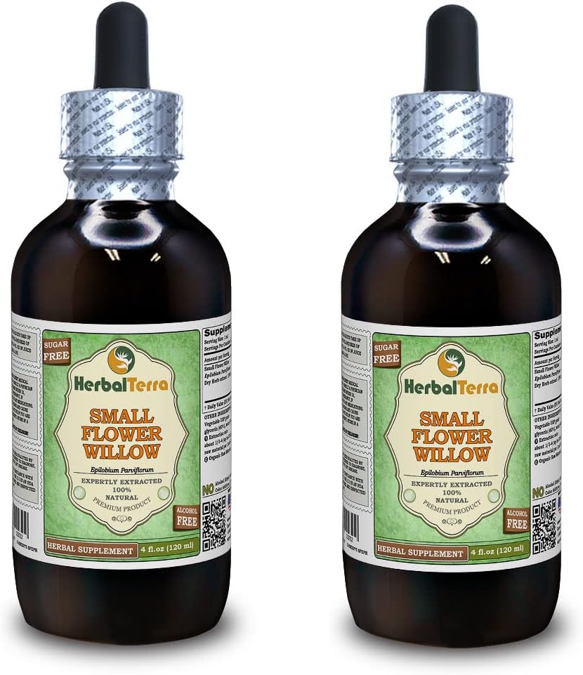 Small Flower Willow (Epilobum parviflorum) Glycerit, sušený Herb Alcohol- Free Liquid Extract (Značka: HerbalTerra, Proudly Made in USA) 2x4 fl.oz (2x120 ml)