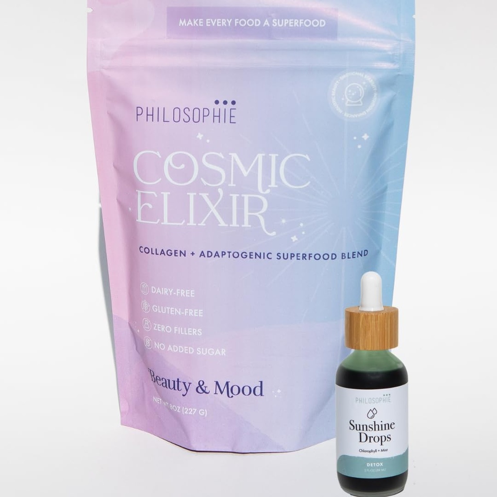Philosophie Sunshine Drops & Cosmic Elixir Bundle - Liquid chlorofyl & Superfood Powder Blend - Všechny přírodní Plant- based 2pack