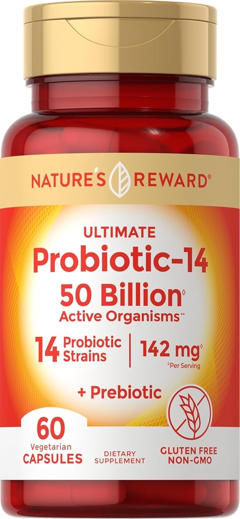 Probiotika s prebiotiky - 60 Kapsle - 142 mg - 50 miliard aktivních organismů - Vegetariánské, non-GMO & gluten Free Supplement - podle odměny přírody
