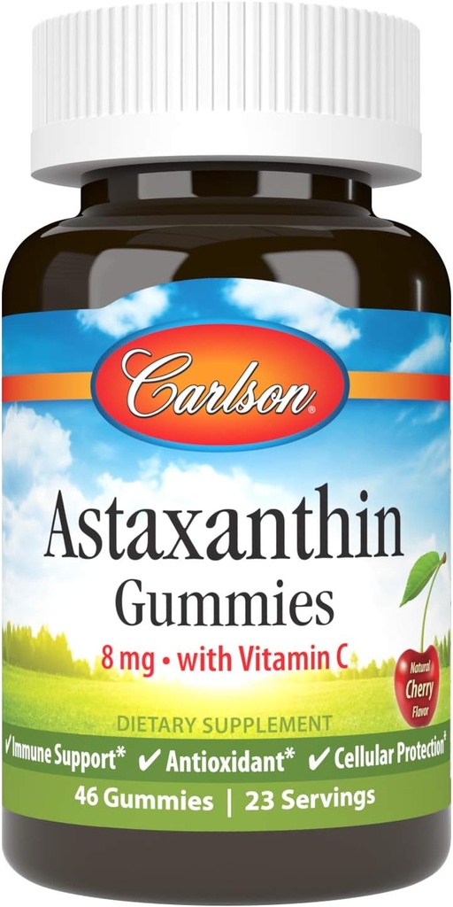 Carlson - Astaxanthin Gummies, s vitaminem C, imunitní podpora, antioxidant, srdce zdraví, non-GMO, třešňové ochucení, 46 vegetariánské gumy