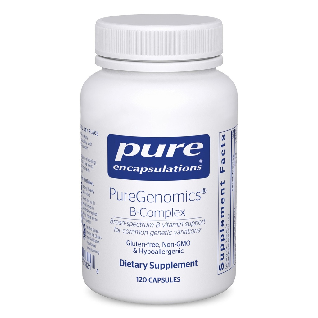 Čisté enkapsulace PureGenomics B- Complex - Široká spektrum B Vitamin Podpora pro genetickou expresi, Buněčná funkce, Hormonální výroba a energetický metabolismus * - s vitamínem B12 & B6-120 Kapsle