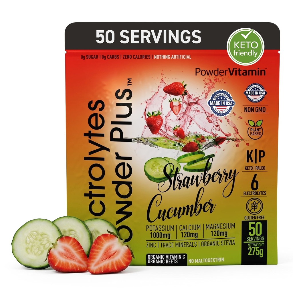 Electrolytes Powder Plus (50 porcí), 0 Calorie Keto, 0 Cukr, No Maltodextrin, 1000mg draslík, 120mg vápníku, 120mg hořčíku, Hydratační prášek (50 porcí, Jahodová okurka)