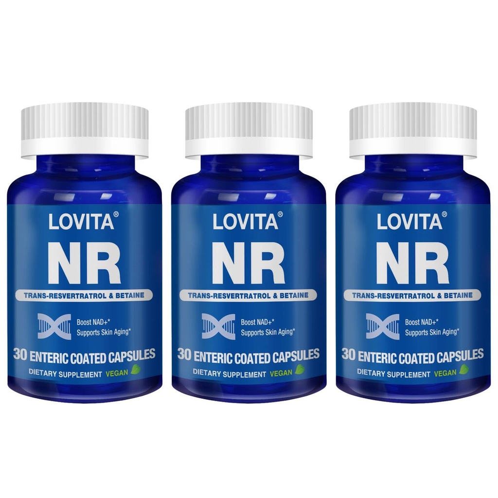 Lovita NR (Nicotinamid Riboside) 350 mg, dodatek NAD s Trans- Resveratrol a Betaine, podpora NAD Plus úrovně, zdravé stárnutí, 30 Vegan Enteric- Coated Capsules (balení po 3)