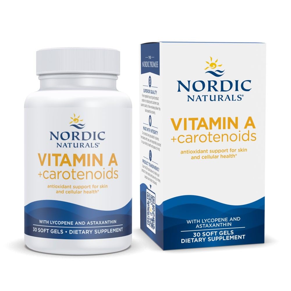 Nordic Naturals Vitamin A + Karotenoidy, Neochucené - 30 měkkých gelů - Lykopen & Astaxanthin - Podporuje pleť, buněčné zdraví - Non- GMO - 30 Služeb
