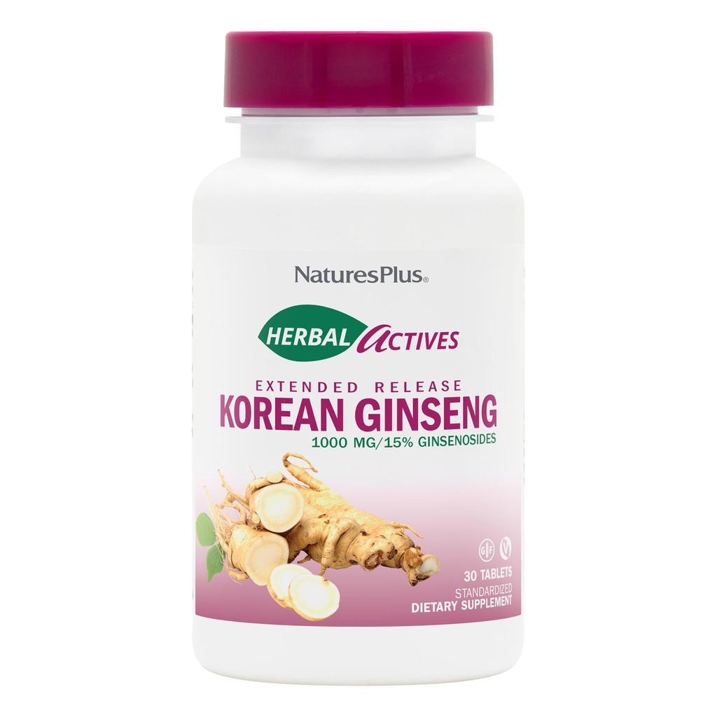 NaturesPlus Herbal Actives Korean Ginseng, Extended Release - 1000 mg, 30 Vegan Tablety - Adaptogenní bylinný doplněk, Antioxidant - Vegetariánské, gluten- Free - 30 Služeb