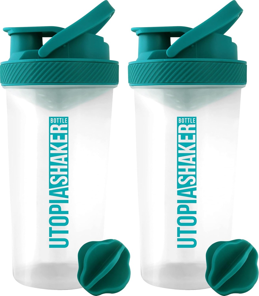 Utopia Home Protein Shaker Lahvička - (Balení 2) 28- Ounce Shaker Lahvičky pro proteinové směsi - Fitness Sports Classic Protein Mixer Shaker Lahvička (Clear / Teal)