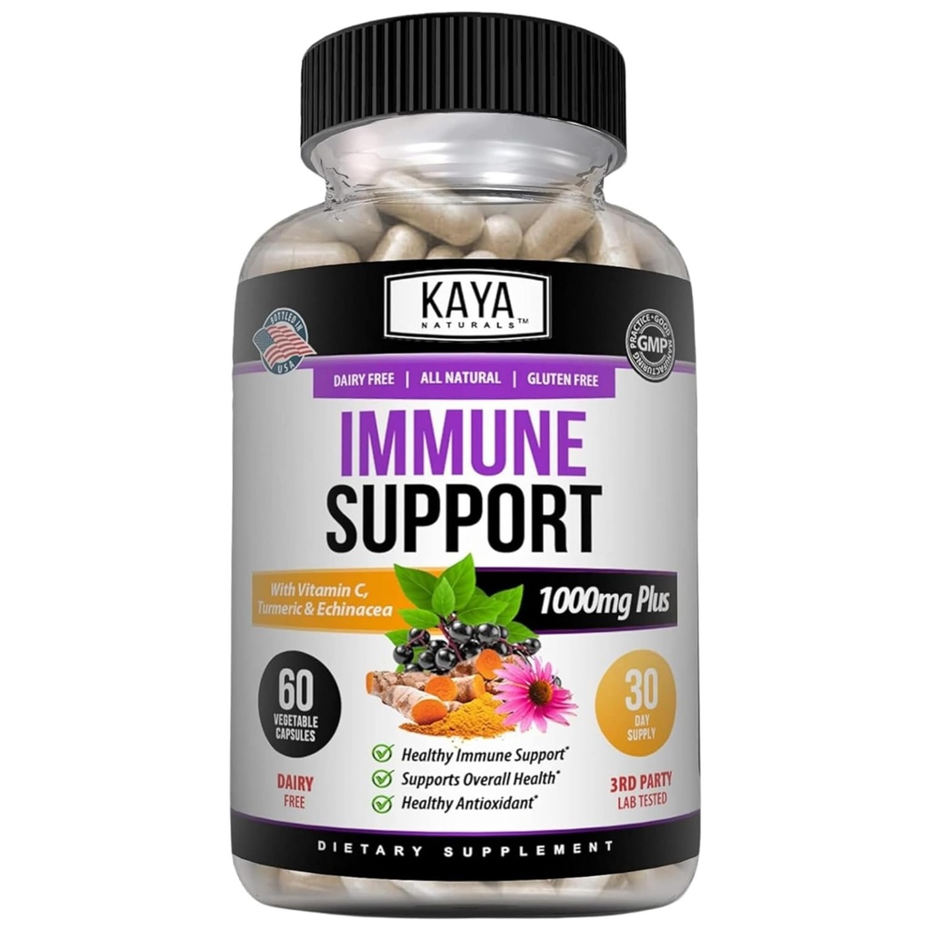 Kaya Naturals Elderberry Imunitation Support, Elderberry se zinkem a vitamínem C pro dospělé Vitamíny, Probiotika & Turmeric 1000mg imunitní systém Booster Sambucus Kapsle - 60 Počet
