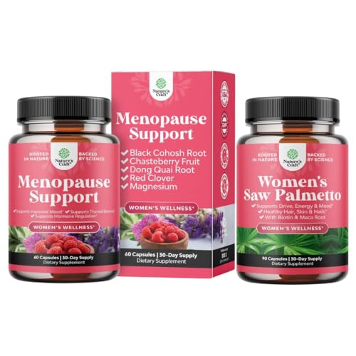 Bundle of Menopauza dodatek pro noční poty, horké záblesky & mood swings s Dong Quai, Chaste Berry & Black Cohosh Root a Saw Palmetto pro ženy 500mg DHT Blocker s Maca Root & Biotin