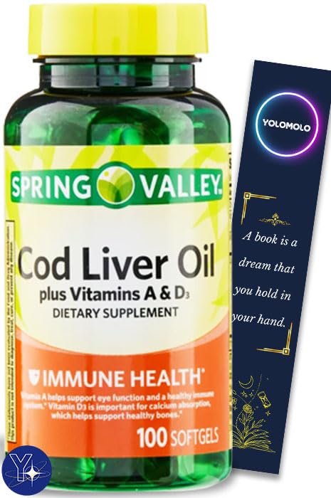 Cod Játra olej Plus Vitamíny A & D3 Imunitní zdravotní dietní doplněk Softgels Spring Valley, 100 Počet a záložka dárek YOLOMOLO