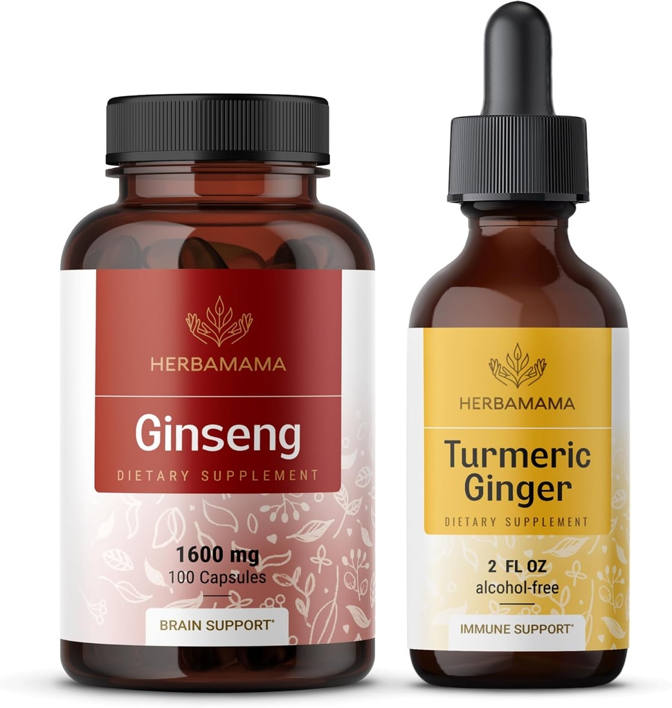 HERBAMAMA Korean Red Ginseng and Turmeric Ginger Kit - Bundle korejských Panax Ginseng Kapsle & Turmeric Ginger Liquid Drops - Vegan, Non- GMO, Sugar & Alcohol- Free - 2 Pack