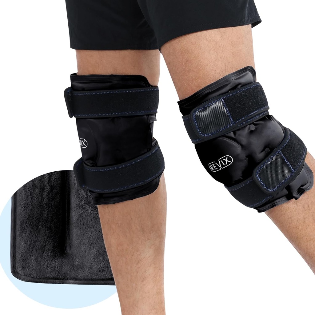 REVIX ledové balíčky pro uvolňování kolenů, opakovaně použitelné gelové ledové obaly se studeným stlačením pro zvýšenou flexibilitu a obnovu, Plush Cover a dlouhotrvající zima, Sada dvou, černá