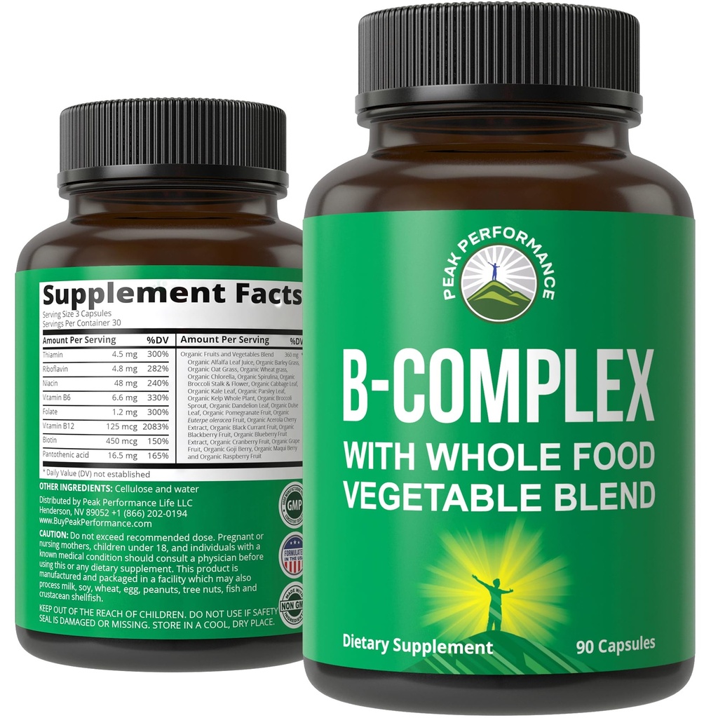 Komplexní kapsle vitaminu B + celá směs 25 Zelenina a ovoce pro Max Absorpce. Nejlepší Vegan B-Complex dodatek s vitamínem B1, B2, B3, B5, B6, B7, B9 a B12. 90 Kapsle. Energy Boost