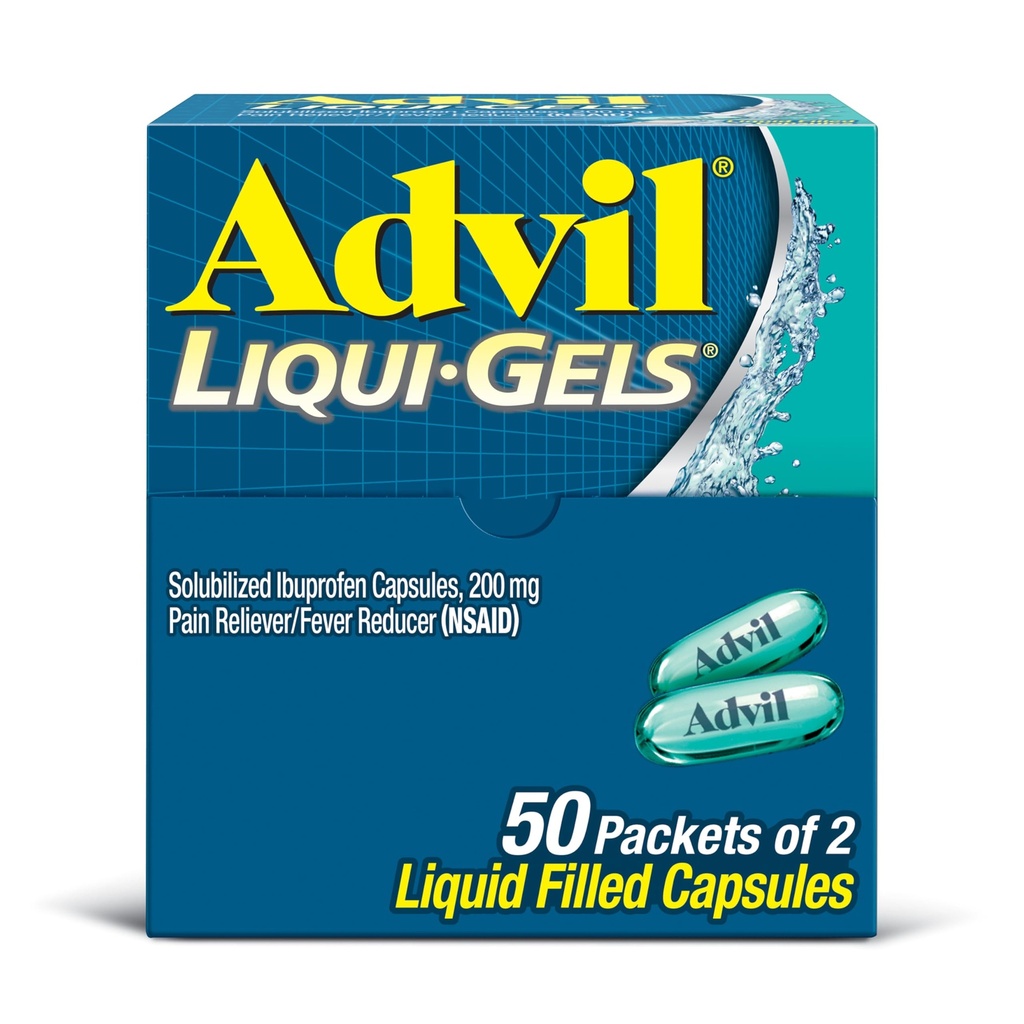 Advil Liqui- Gels Pain Reliever and Fever Reducer, Pain Medicine pro dospělé s Ibuprofen 200mg pro bolest hlavy, záda, menstruační bolest a kloubní bolest - 50x2 Tekuté plněné tobolky