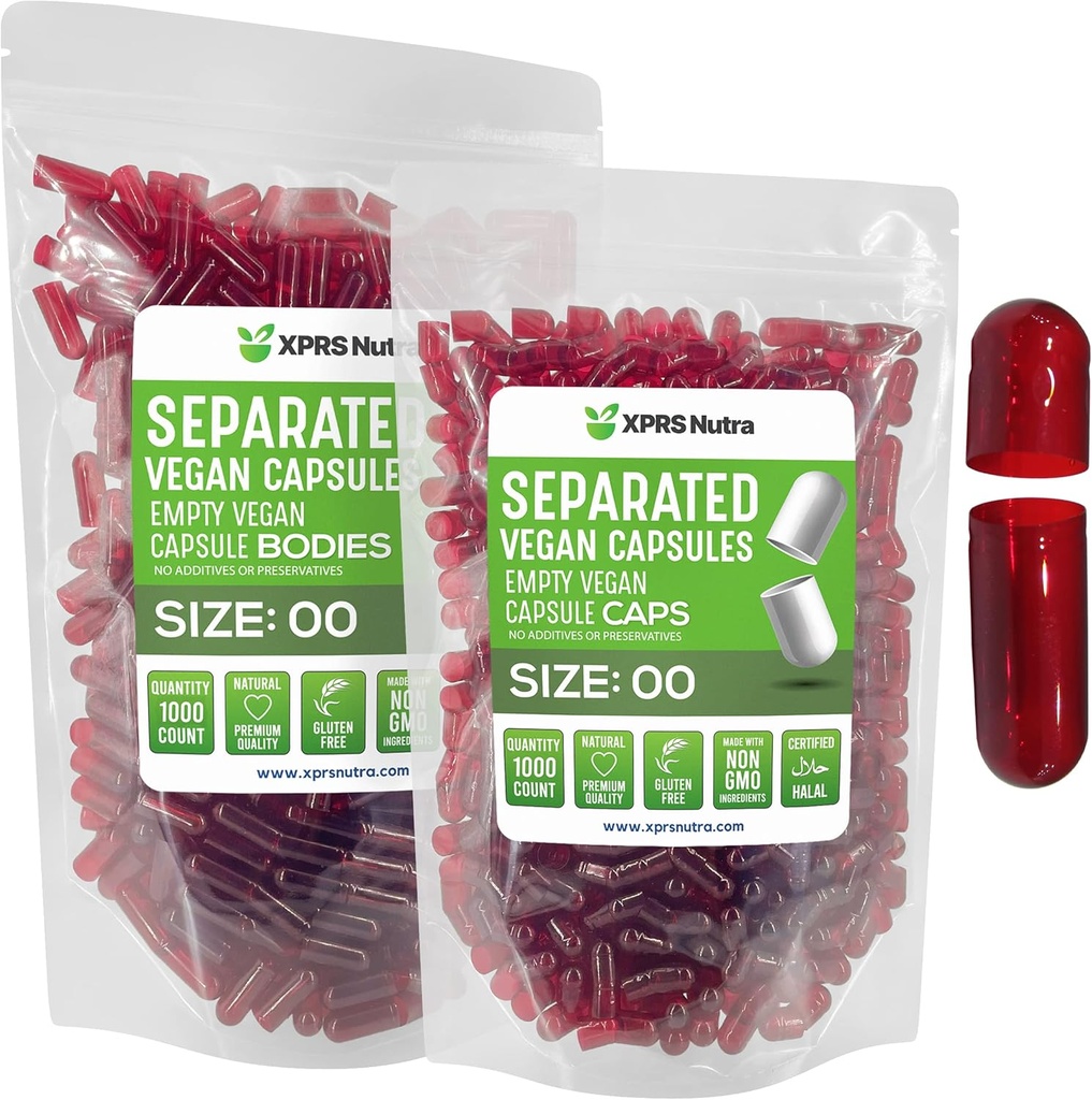 XPRS Nutra Vegan Velikost 00 Oddělené kapsle - 1000 Hrabě Premium Prázdné kapsle Oddělené v sáčcích - 00 Pilulky Prázdné pro DIY Dodatek Plnění (jasné červené)