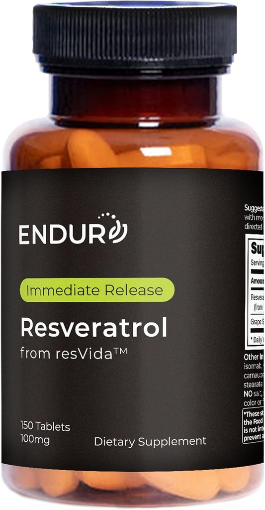 Endur Resveratrol, Zdravé stárnutí & Kardiovaskulární podpůrný dodatek, okamžité uvolnění antioxidant Grape Skin Extract, gluten zdarma, 100mg (150 tablet)