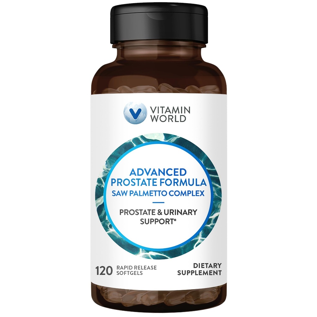 Vitamin World Advanced Prostate Formule Saw Palmetto Komplex 120 Softgels, Podporuje Prostate Zdraví, Močové zdraví, Rapid- Release, Gluten zdarma