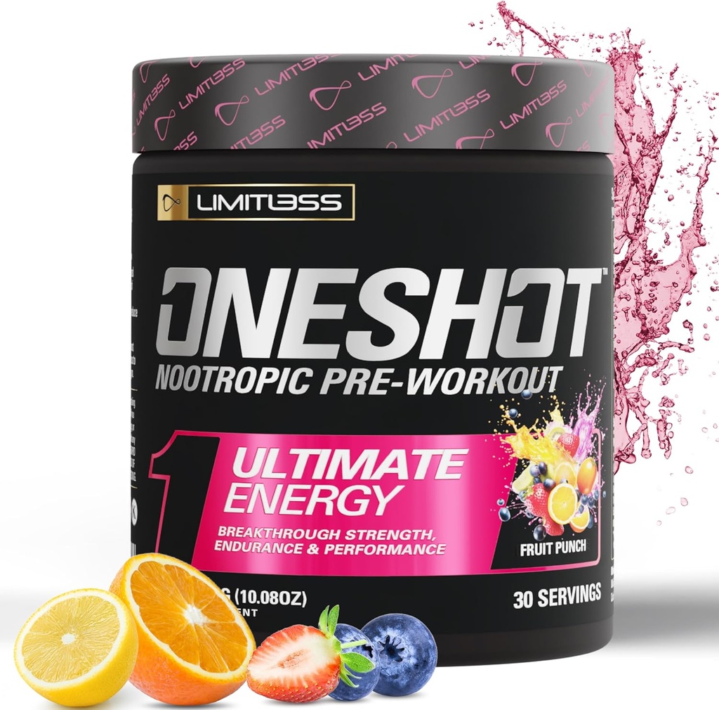 Oneshot Pre Workout Powder for Men and Women - BCAAS Amino Acids Supplemente Powder, 200mg Caffeine, Beta Alanine Powder, Citruline Malate Preworking Powder - Ovocný punč - 30 Služeb