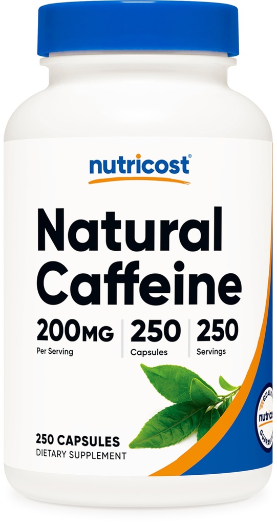 Nutricost Natural Caffeine 200mg, 250 Vegetariánských kapslí - Gluten Free, Non- GMO