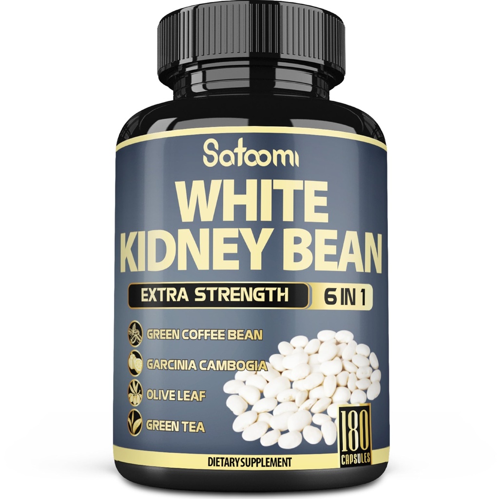 Satoomi 6in1 White Kidney Bean Extract Capsules - 6 Month Supply - Extra Blend with Olive Leaf, Green Coffee Bean & Green Tea - 180 Počítání