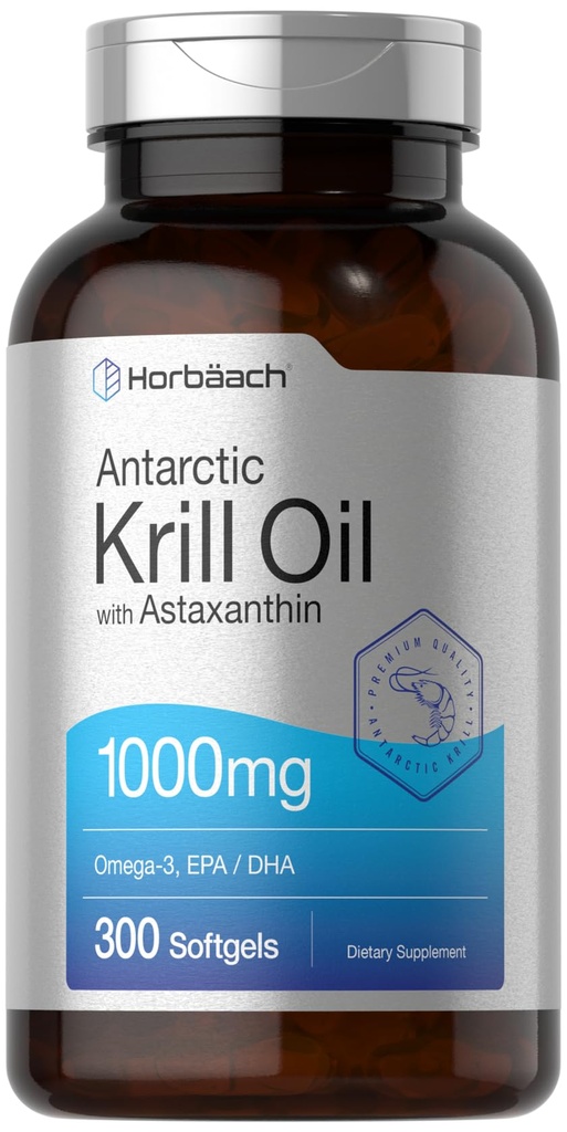 Horbäach Antarktida Krill Oil 1000mg Softgels CLAS124; 300 Count CLAS124; Omega 3 Doplňky s Astaxanthin, EPA, DHA CLAS124; Non- GMO, gluten zdarma