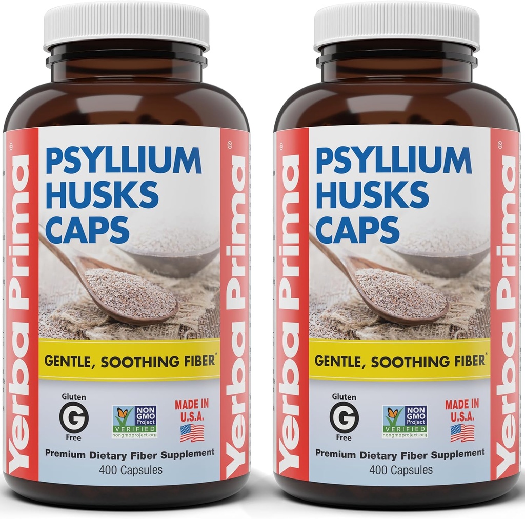 Yerba Prima Psyllium Husks Caps, 625 mg, 400 Kapsle (Balení po 2) - Přírodní žárovka pro muže a ženy - Dodatek k podpoře regularity