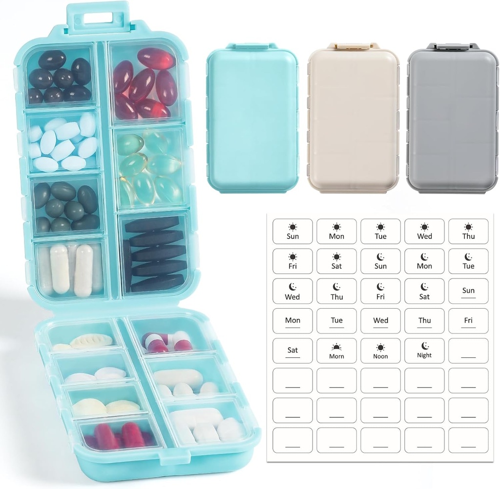 3 Pack, 14 GRIDS Travel Pill Pořadatel Box s etiketami - Cestovní medicína Kit - Pocket Daily Pharmacy Container - Travel Medication Holder Disperser for Fish Oil Vitamin Supplement Storage