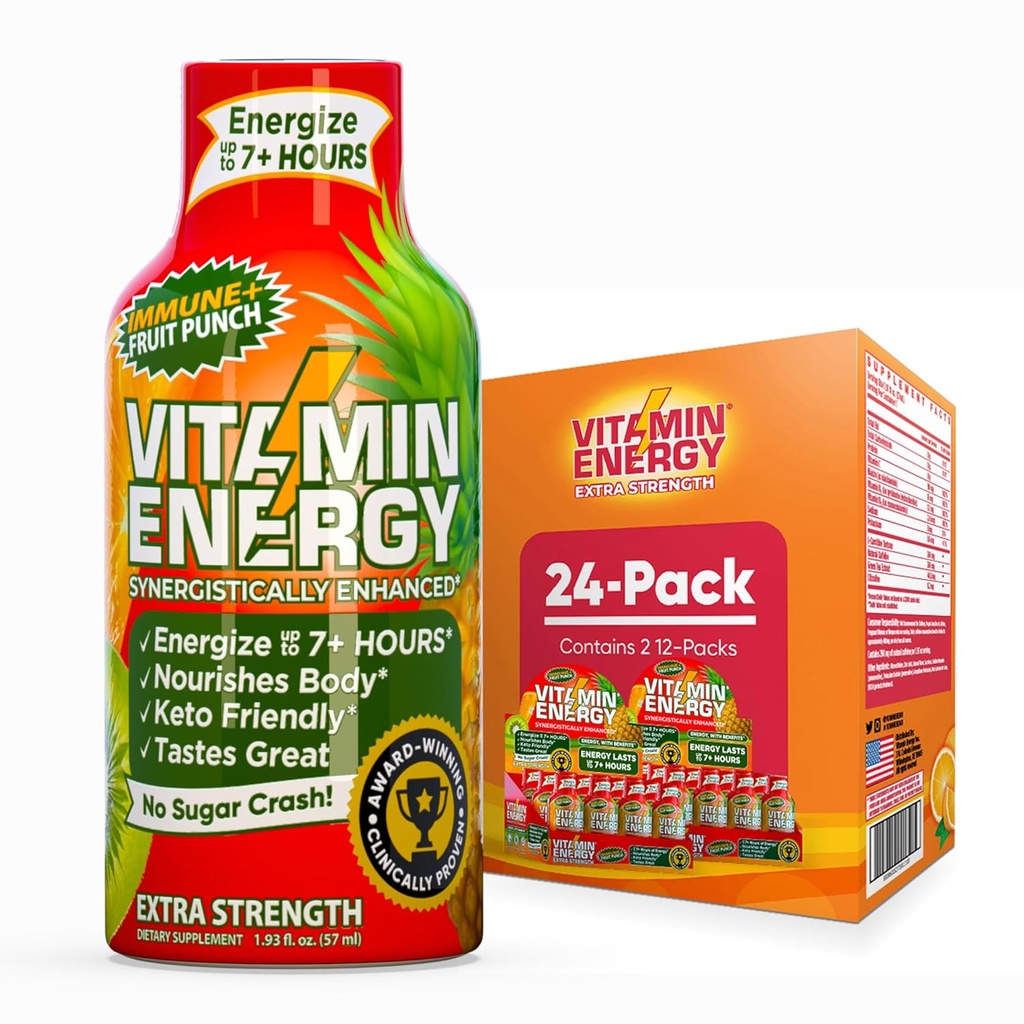 Vitamin Energy Imunity + Extra Síla Energy Shot Fruit Punch 24 Pack, 260mg přírodní kofein, B-Vitamíny, Citicolin, Zelený čaj, Imunita & Focus Support, Nulový cukr, Gluten- Free 1.93 fl oz