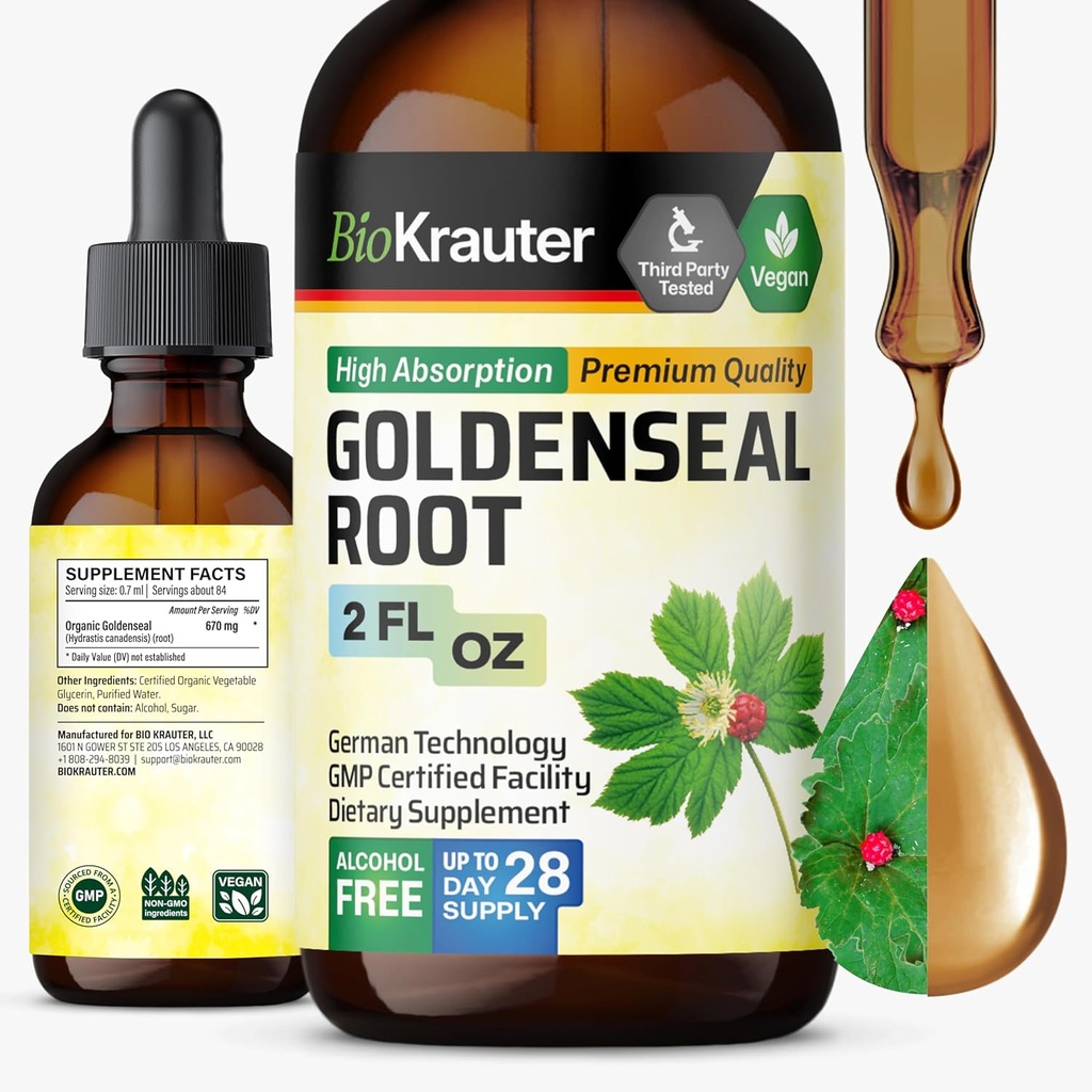BIO KRAUTER Goldenseal Root Extract Liquid - Vegan Respirační podpora - Golden Seal Drops - Alkohol & cukr zdarma - 2 Fl.Oz.