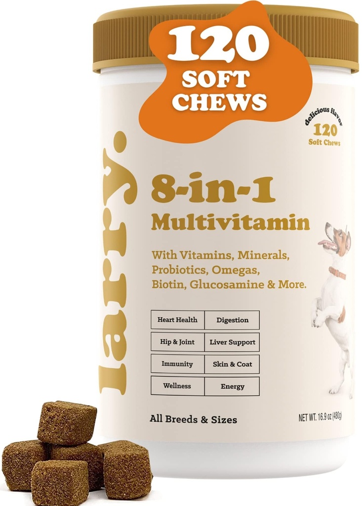 8-in-1 Multivitamin Dog dodatek Larry current 124; Srdce, Digestion, Játra, Kůže, Kabát, a společná podpora doplněk pro psy current 124; s vitamíny, Minerály, Omegas, & Glucosamine Chondroitin curren124; 120 Soft Chews