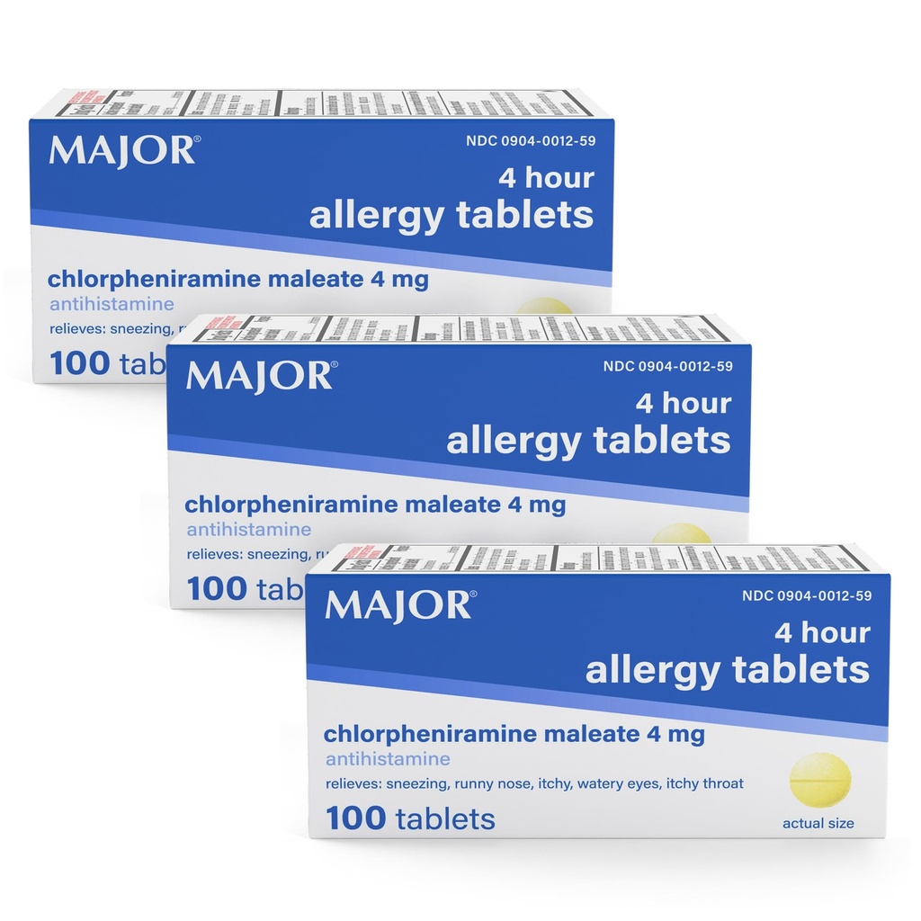 MAJOR 4 Mg Alergické tablety - Chlorfeniramin Maleate 4- hodinová alergická medicína - Antihistamin pro úlevu od kýchání, Itchy Watery Eyes, Itchy Throat, a Runny Nose - 100 Počet (3 balení)