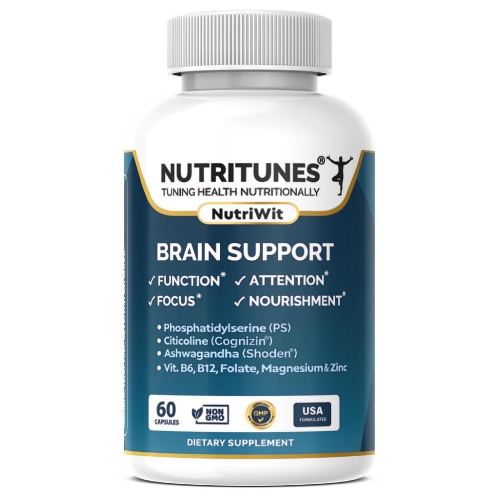 Brain Health Supplement- Memory, Focus & Brain Nourishment Support with Cognizin Citicoline, Fosfatidylserine, Shoden Ashwagandha, B Vitamíny, Magnesium & Zinc-60 NutriWit Kapsle