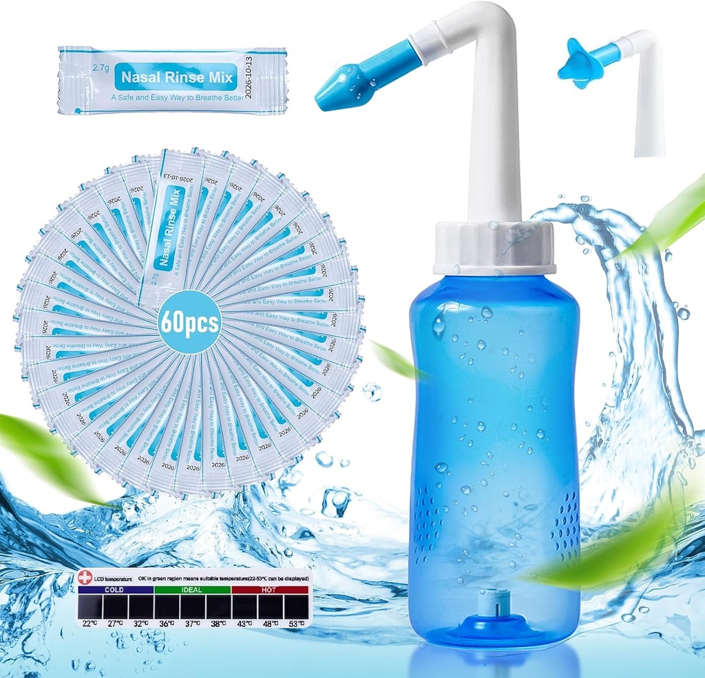 Neti Pot Sinus Rinse Lahvička Čistič nosní sliznice Tlak Rinse Nasal zavlažování s 60 Nasal Wash Saline Packets & 300 ML Neti Lahvička Refill Kit Idea a Nálepkový teploměr pro dospělé & Kid (modrá)