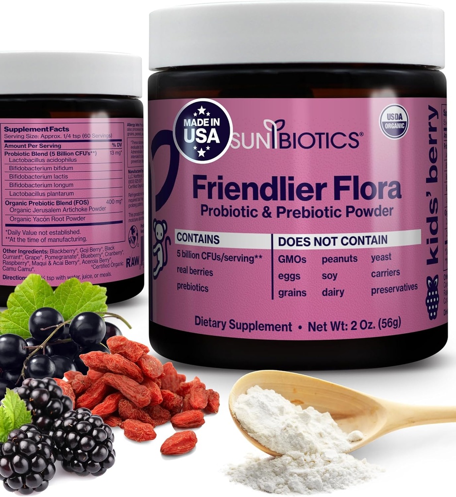 SUNBIOTIC Friendlier Flora - Děti Prebiotický a Probiotický Powder Dodatek s 5 Miliony CFU 5 Probiotických Strains for Good Gut Flora, imunitní systém, & vyvážený mikrobiom - Berry, 2 Ounce