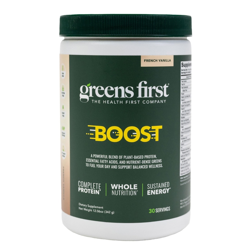 Zelený První Boost - Plant- based Protein & Balanced Nutrition - Superfood Shake Mix - No Wheat or Soy - Dairy-Free - Vegan - French Vanilla, 12.06 oz.