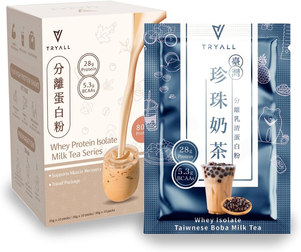 TRYALL Recharge Post Workout Dodatek Denní Muscle Builder & Recovery Dodatek (Taiwan Bubble Milk Tea, 10 Balení)